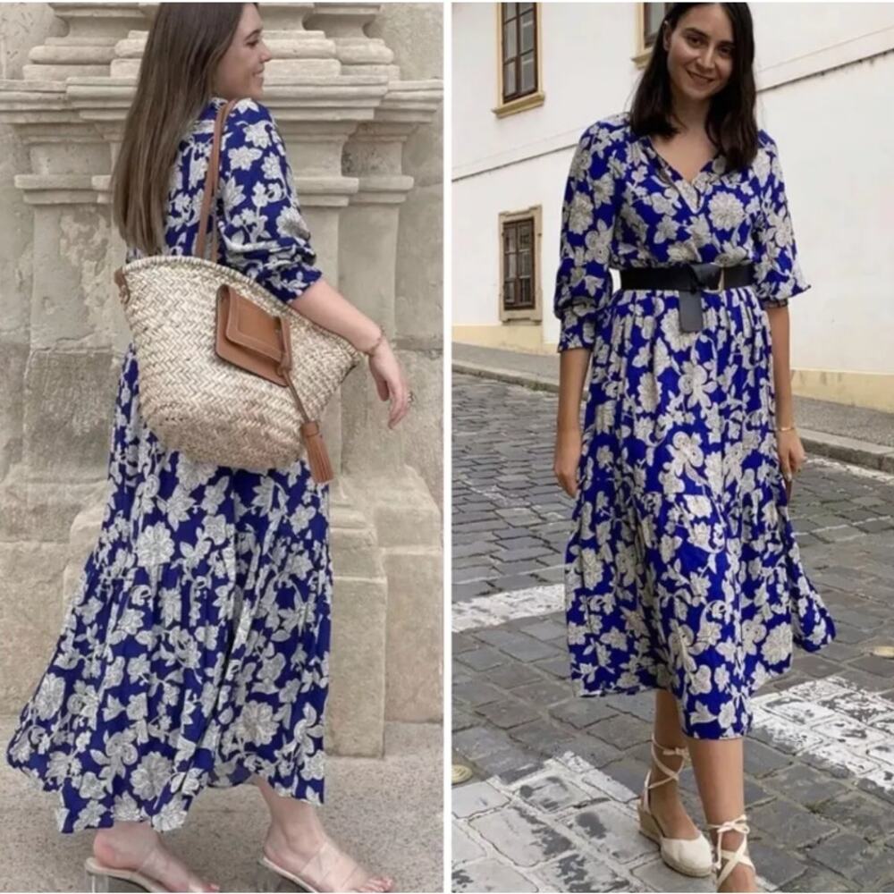 ZARA Floral Print Maxi Dress V-Neck Ruffle 3/4 Balloon Sleeve Tiered Midi